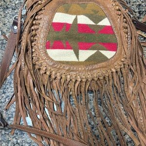 Genuine Leather Fringe Crossbody Southwestern Wool Panel Boho style